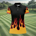 Retro Flame Fire Pattern Golf Shirt, Women's Golf Shirt, Hawaiian Golf Shirt