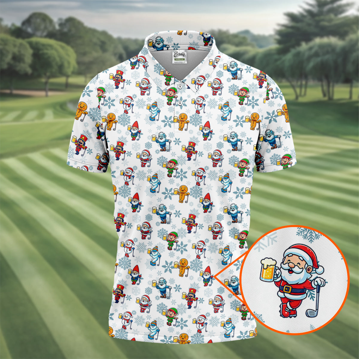 Christmas Characters Golf And Beer White Men's Funny Golf Shirts, Christmas Golf Shirt, Polo Shirts For Men