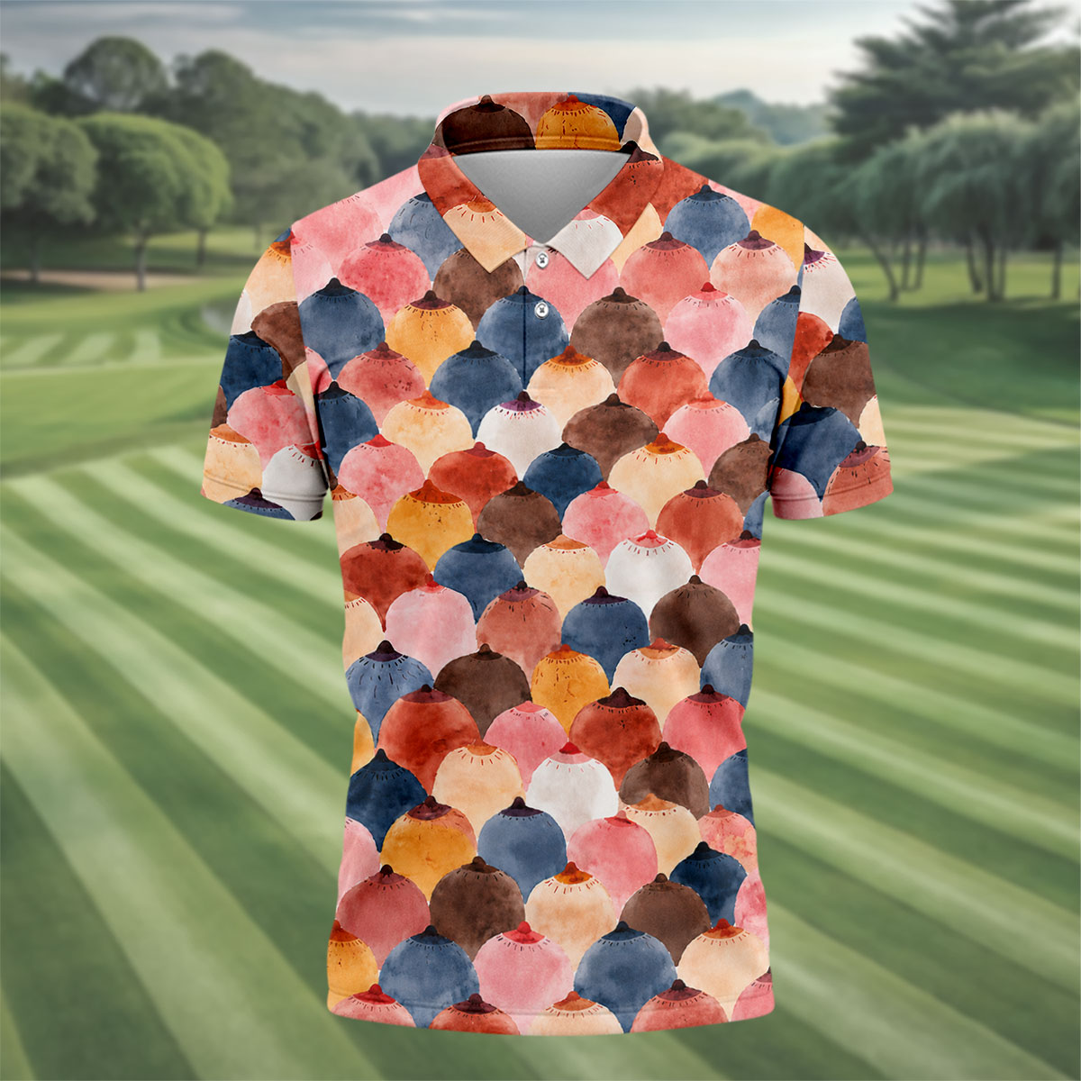 Colorful Watercolor Shell Pattern Golf Shirt, Golf Shirts For Men, Men's Golf Shirt, Polo Shirts For Men