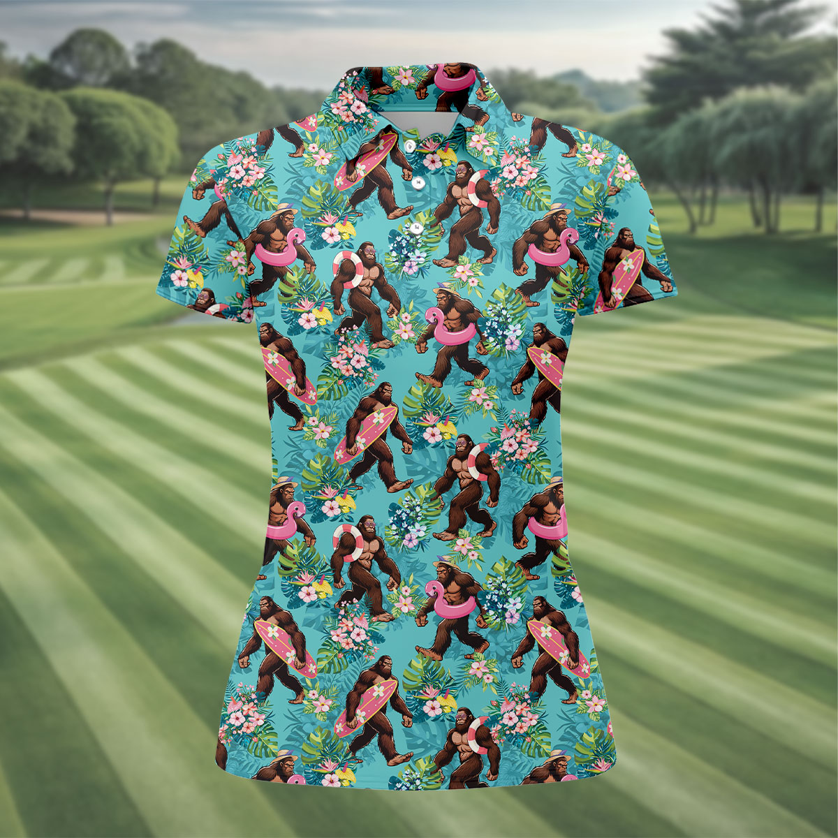 Aqua Blue Bigfoot Beach Party Hawaiian Golf Shirt, Women's Golf Tops, Ladies Golf Shirts