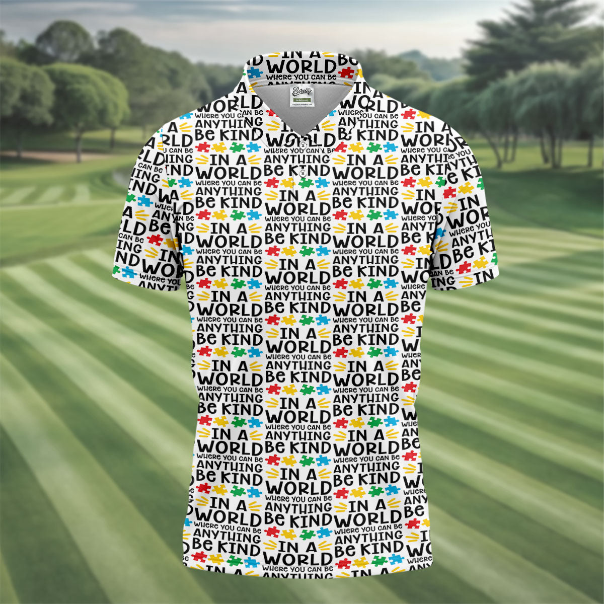 In A World Where You Can Be Anything Be Kind Autism Awareness Puzzle Pattern White Golf Shirt, Polo Shirts For Men
