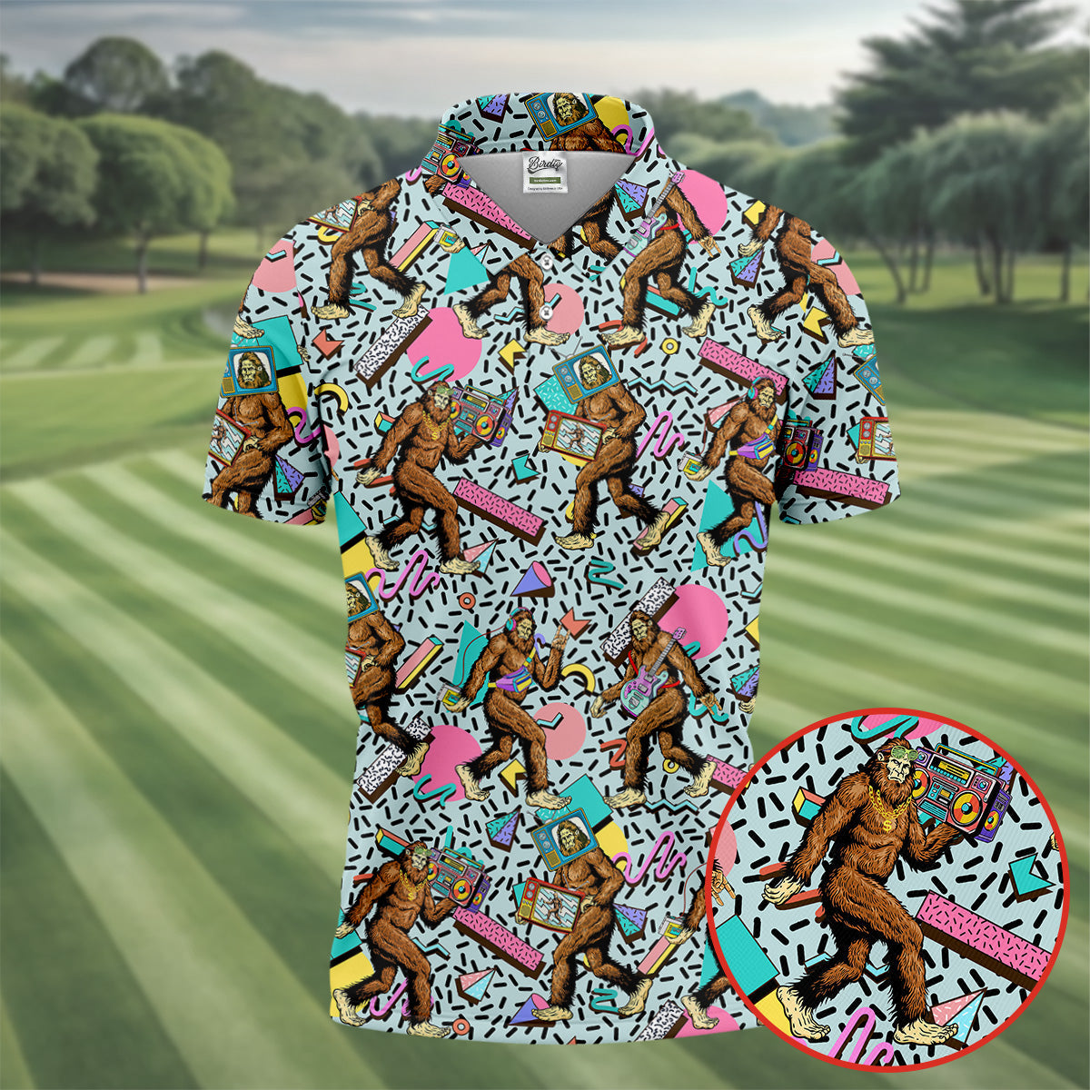 Bigfoot Pop Culture Pattern with Retro TV Sets Design Design Hawaiian Golf Polo, Golf Tops For Men, Golfing Apparel