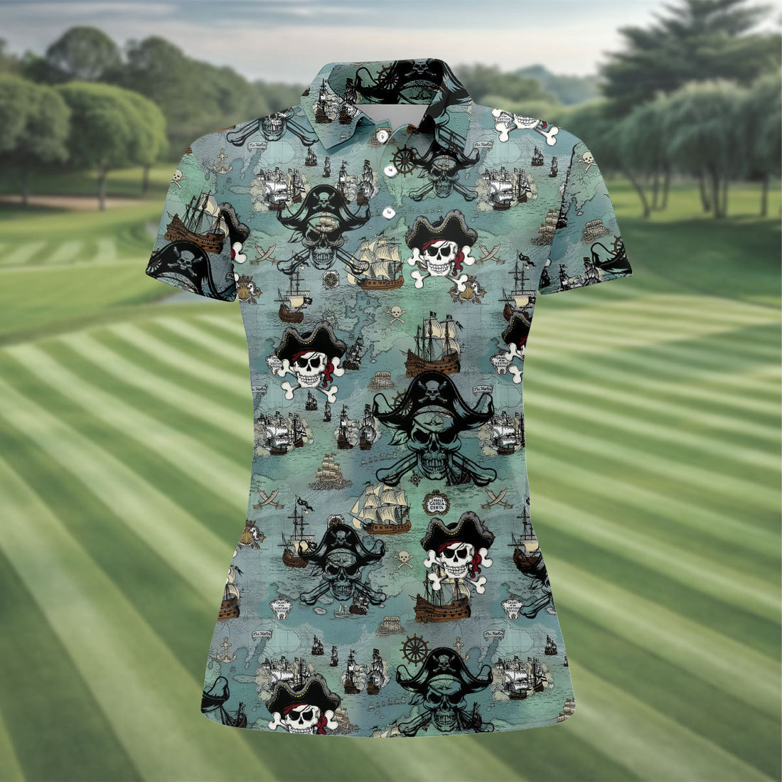Pirate Captain Skulls, Kraken Tentacle Design Hawaiian Golf Polo, Golf Tops For Women, Golfing Apparel