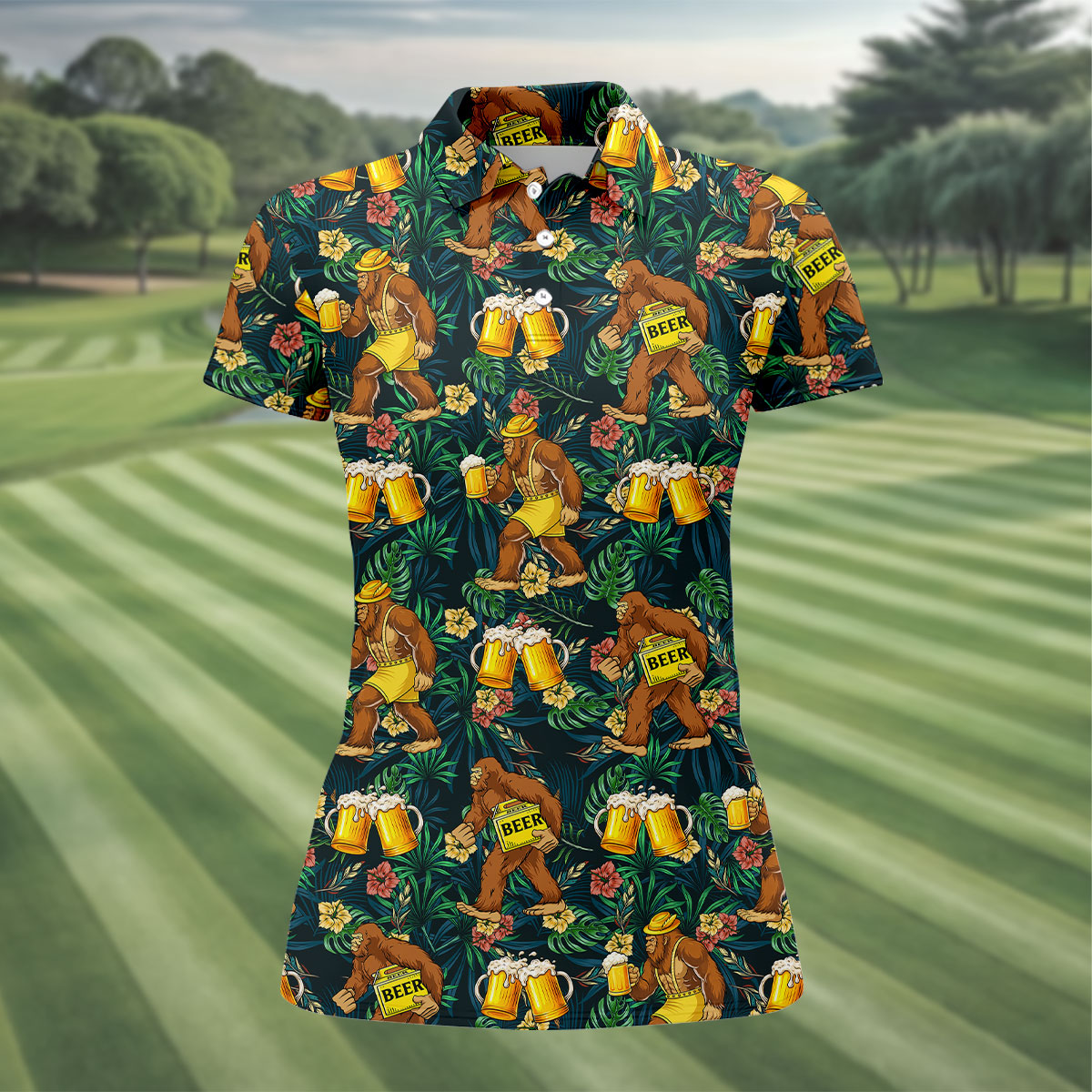 Funny Sasquatch Holding Beer Mugs Hawaiian Golf Polo, Golf Tops For Women, Golfing Apparel