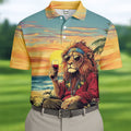 Tropical Lion Sunset Teal Hawaiian Golf Polo, Golf Tops For Men, Golfing Apparel