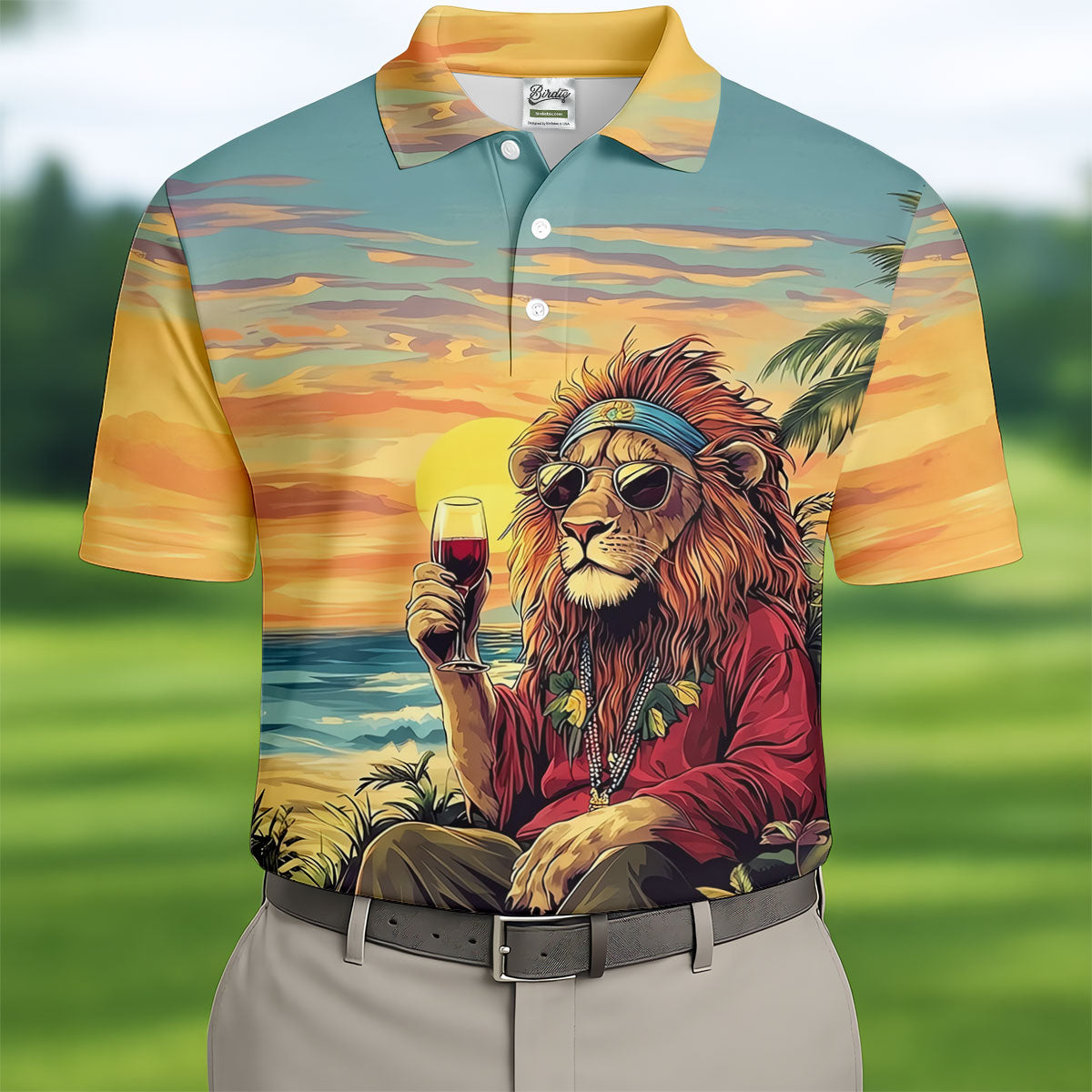Tropical Lion Sunset Teal Hawaiian Golf Polo, Golf Tops For Men, Golfing Apparel