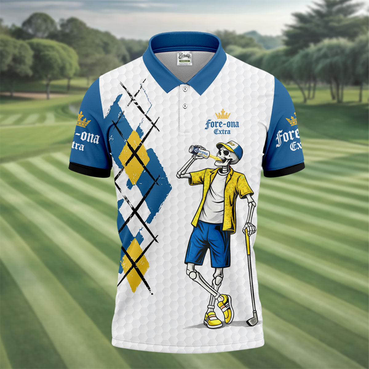 Fore-Ona Extra Blue Yellow Skeleton Golfer Beer Polo Shirt, Mens Golf Polo, Golf Apparel For Men