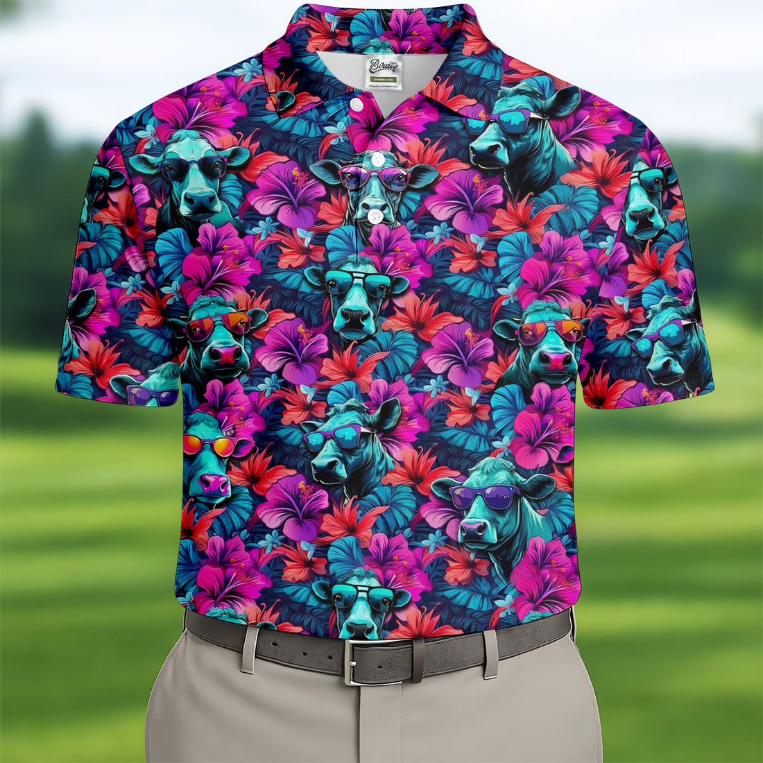 Funny Cow Wearing Sunglasses Tropical Golf Polo Shirt, Hawaiian Golf Shirt, Golf Shirts For Men