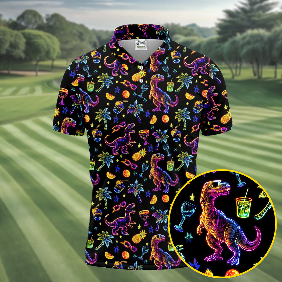 Neon Dinosaur Tropical Theme Hawaiian Golf Shirt, Polo Shirts For Men, Golfing Apparel