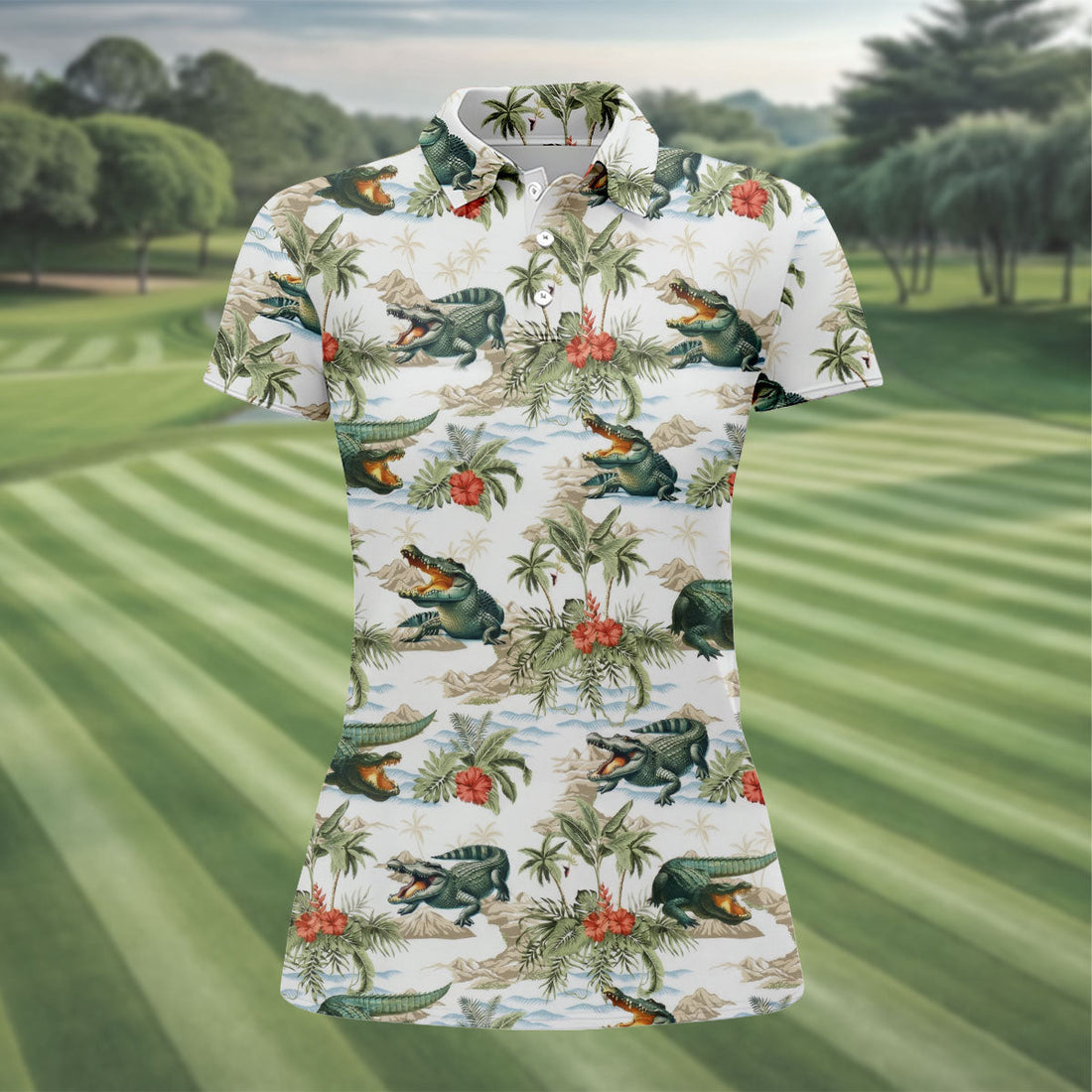 Tropical Coastal Alligator and Hibiscus Pattern Hawaiian Golf Polo, Golf Tops For Women, Golfing Apparel