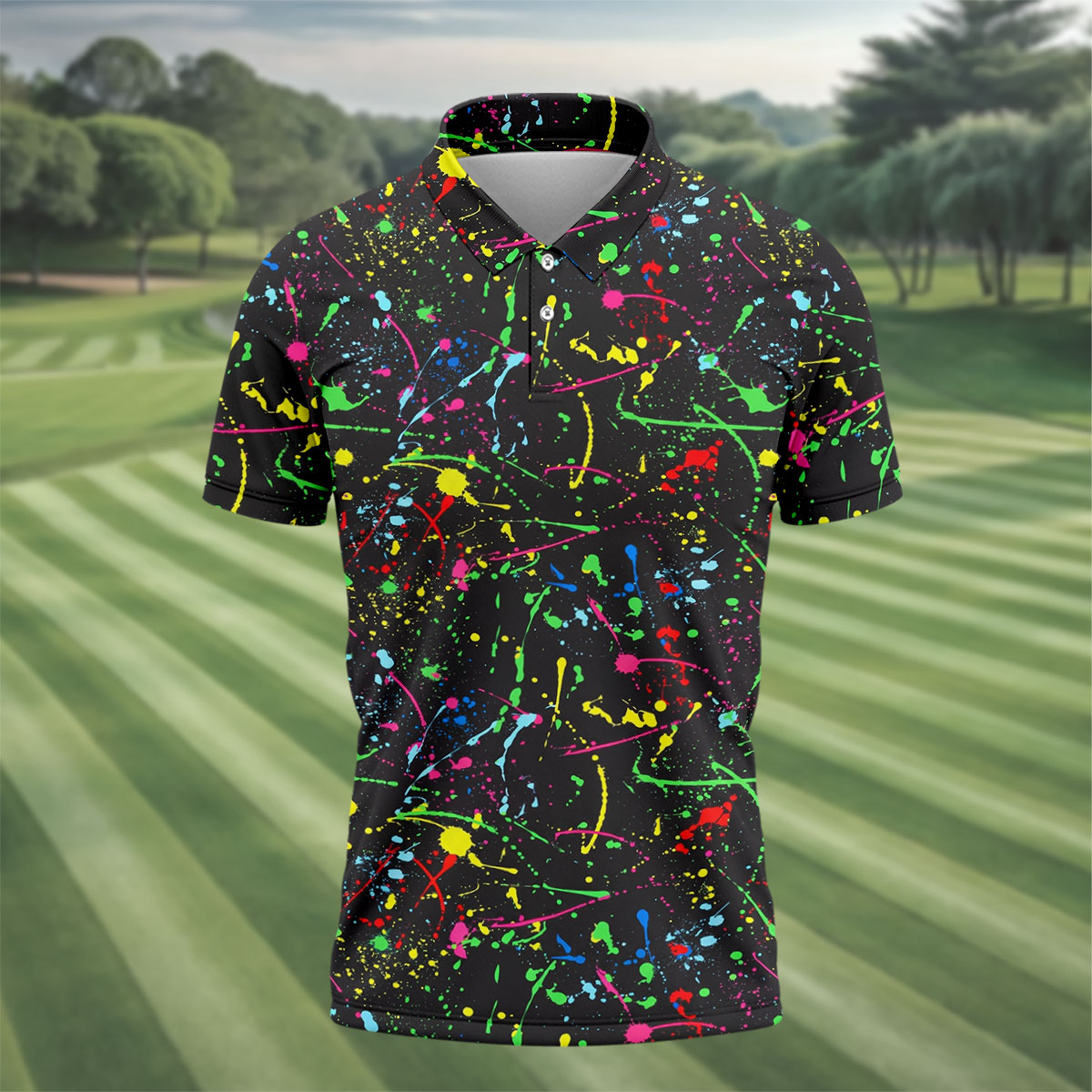 Neon Paint Splatter Pattern Hawaiian Golf Shirt, Golf Shirts For Men, Polo Shirts For Men