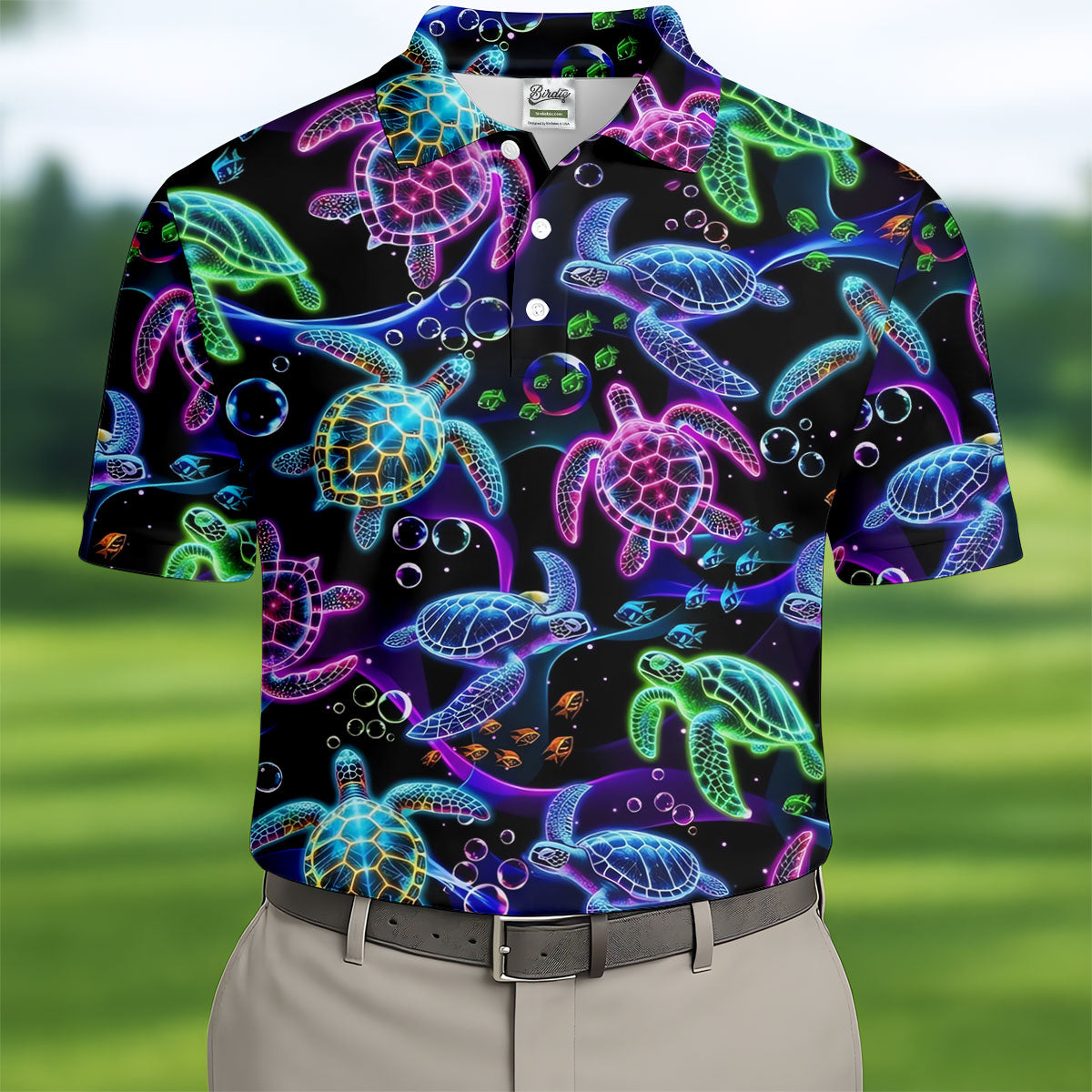 Neon Sea Turtle Ocean Pattern Hawaiian Golf Polo Shirt, Mens Golf Polo, Printed Golf Shirts