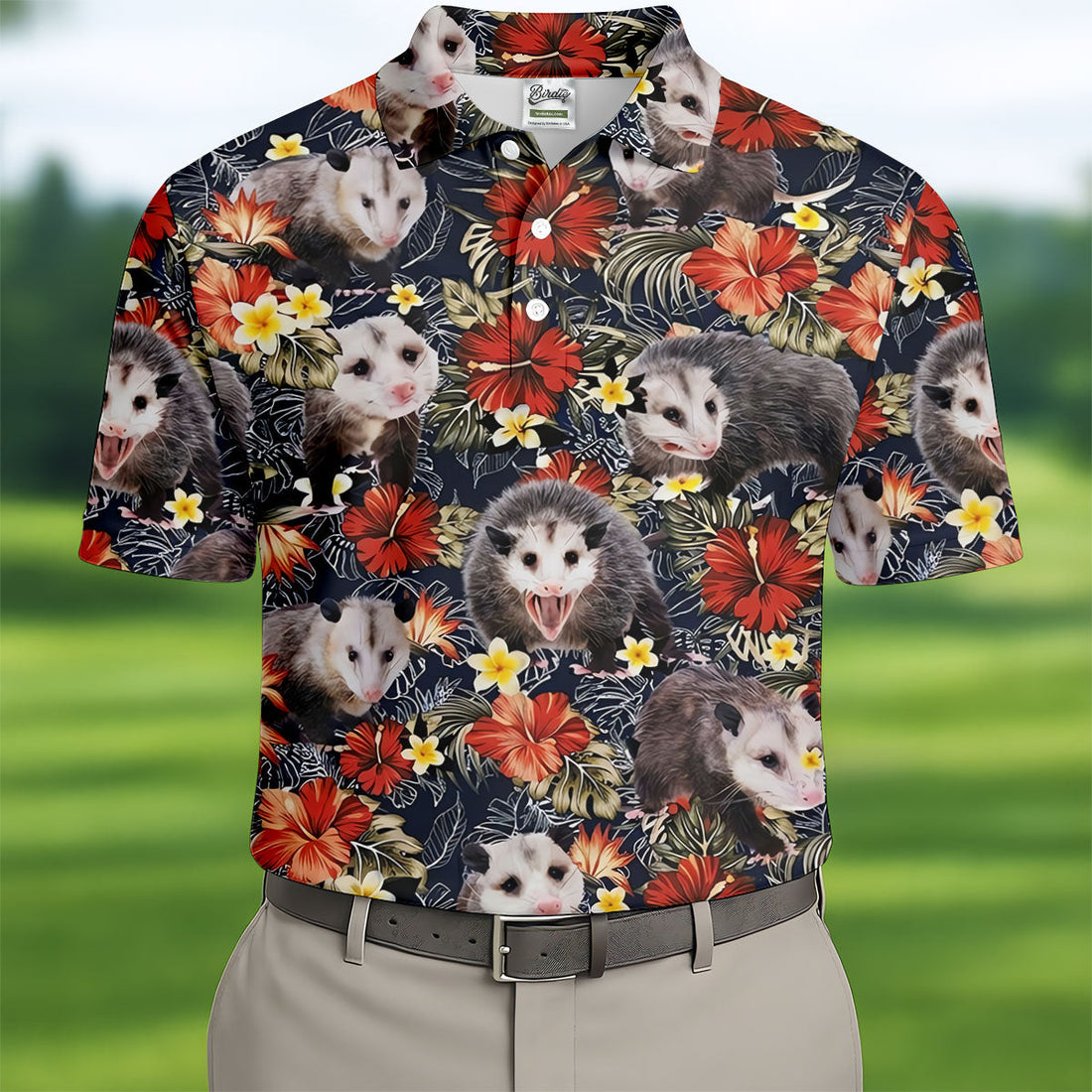 Cute Possums Hibiscus Flowers Golf Polo, Island Foliage Hawaiian Golf Shirt, Golf Tops For Men, Golfing Apparel