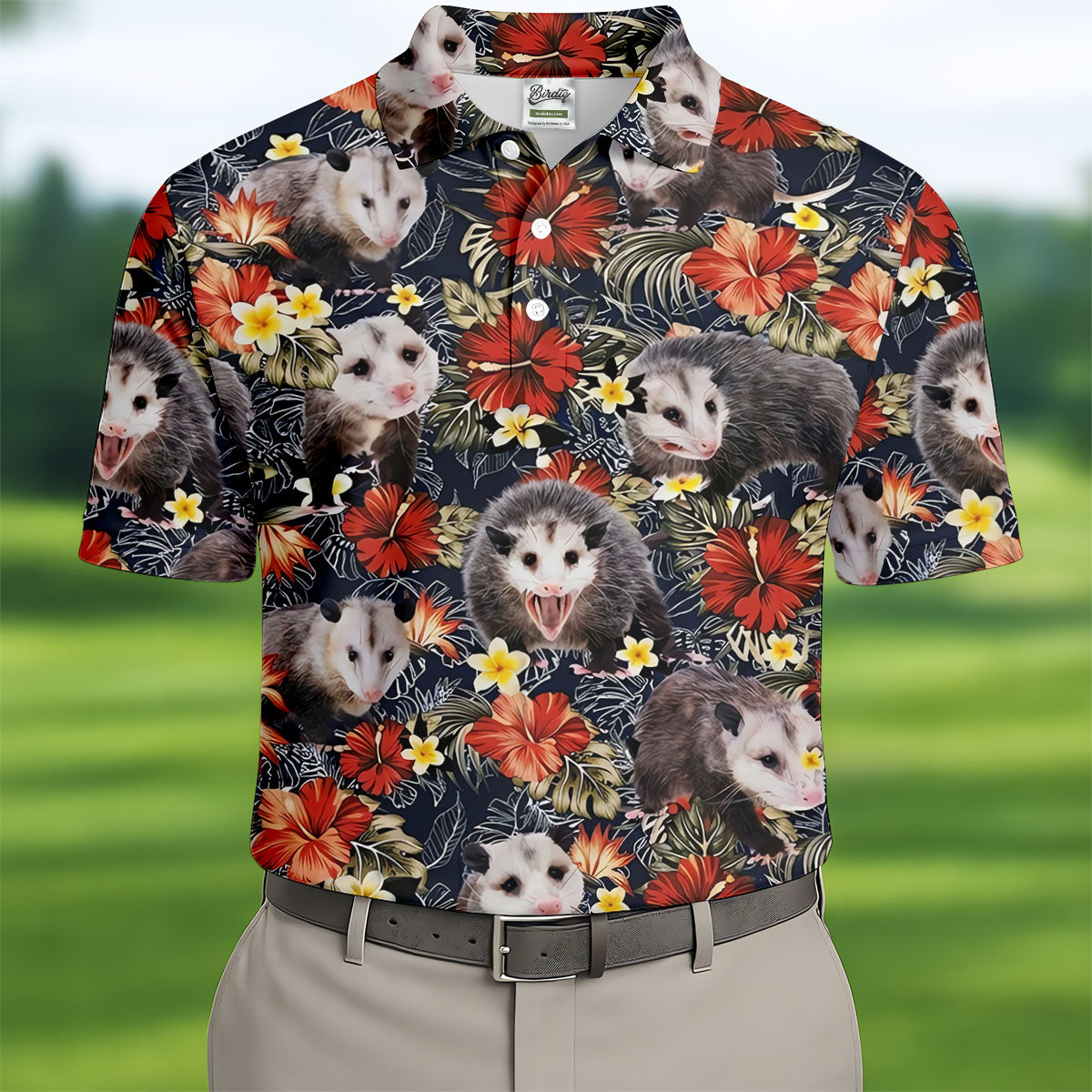Cute Possums Hibiscus Flowers Golf Polo, Island Foliage Hawaiian Golf Shirt, Golf Tops For Men, Golfing Apparel