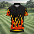 Black Orange Yellow Flame Sleeve Golf Shirt, Mens Golf Polo, Printed Golf Shirts