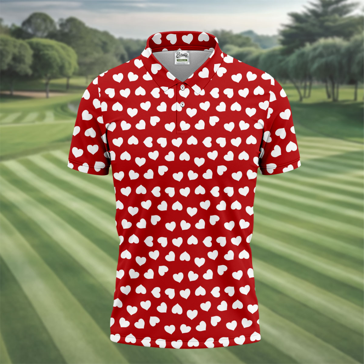 White And Red Heart Pattern Golf Tops For Men, Valentine Golf Gift, Polo Shirts For Men, Golf Gift For Men