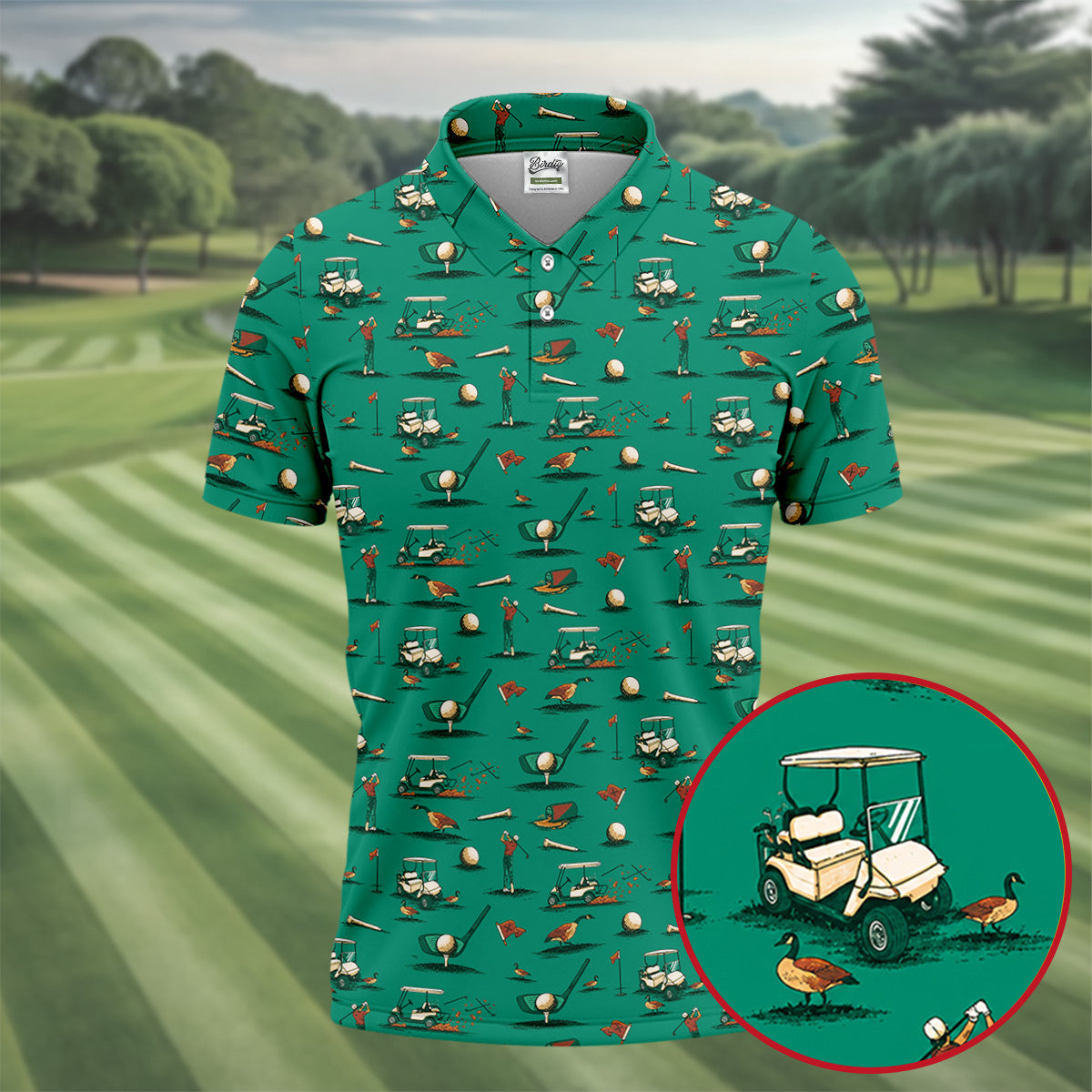 Funny Goose Golf Cart Pattern Green Polo Shirt, Men's Golf Shirt, Mens Golf Apparel