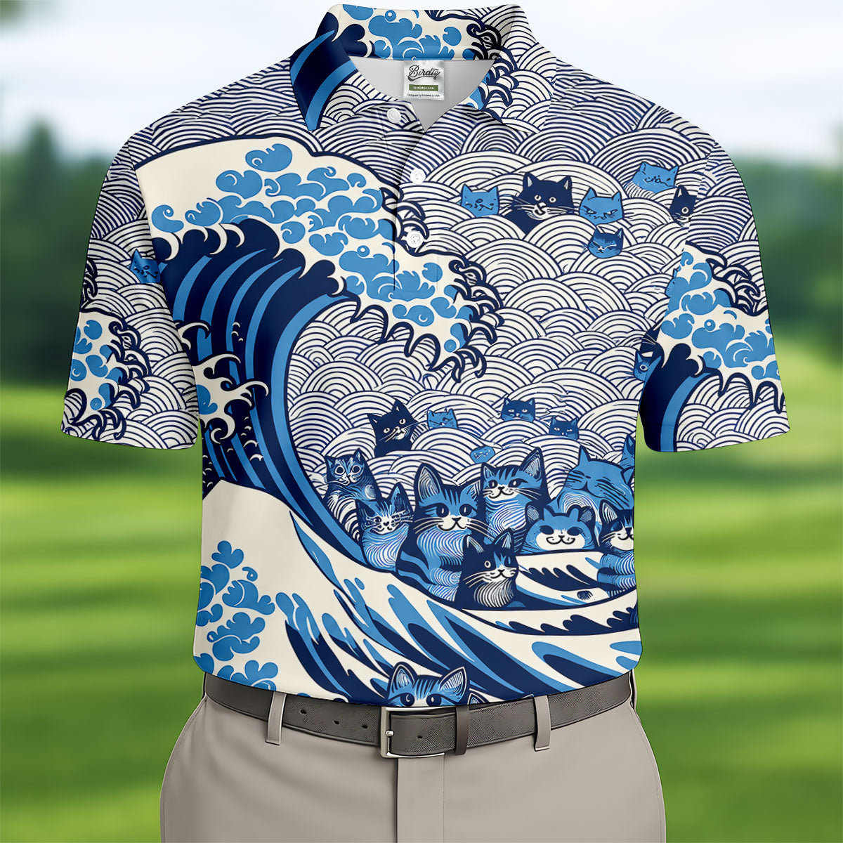 Japanese Wave Cat Hawaiian Golf Shirt, Golf Shirts For Men, Mens Golf Apparel