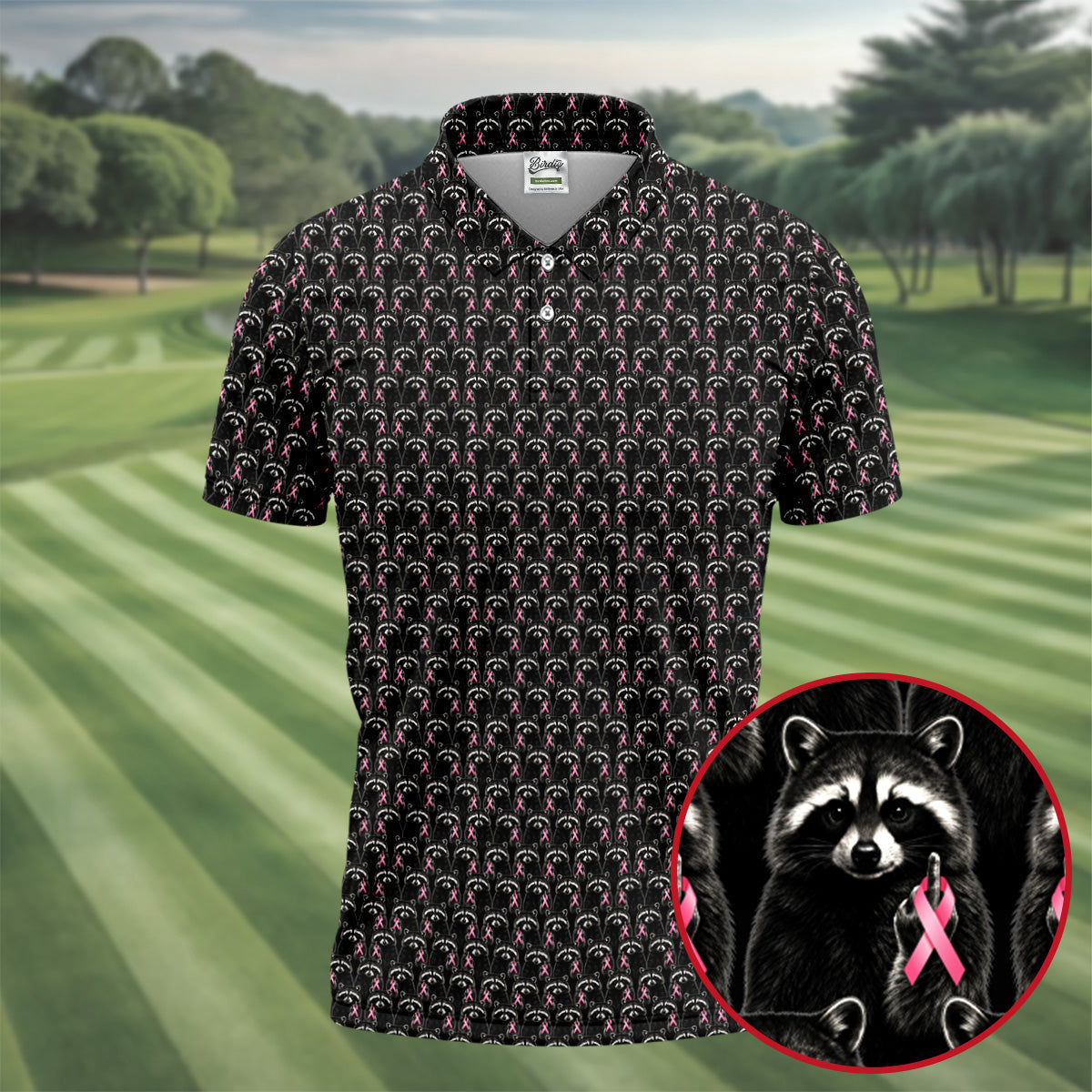 Funny Raccoon Middle Finger Breast Cancer Polo Shirt, Mens Golf Shirts, Mens Polo Shirts