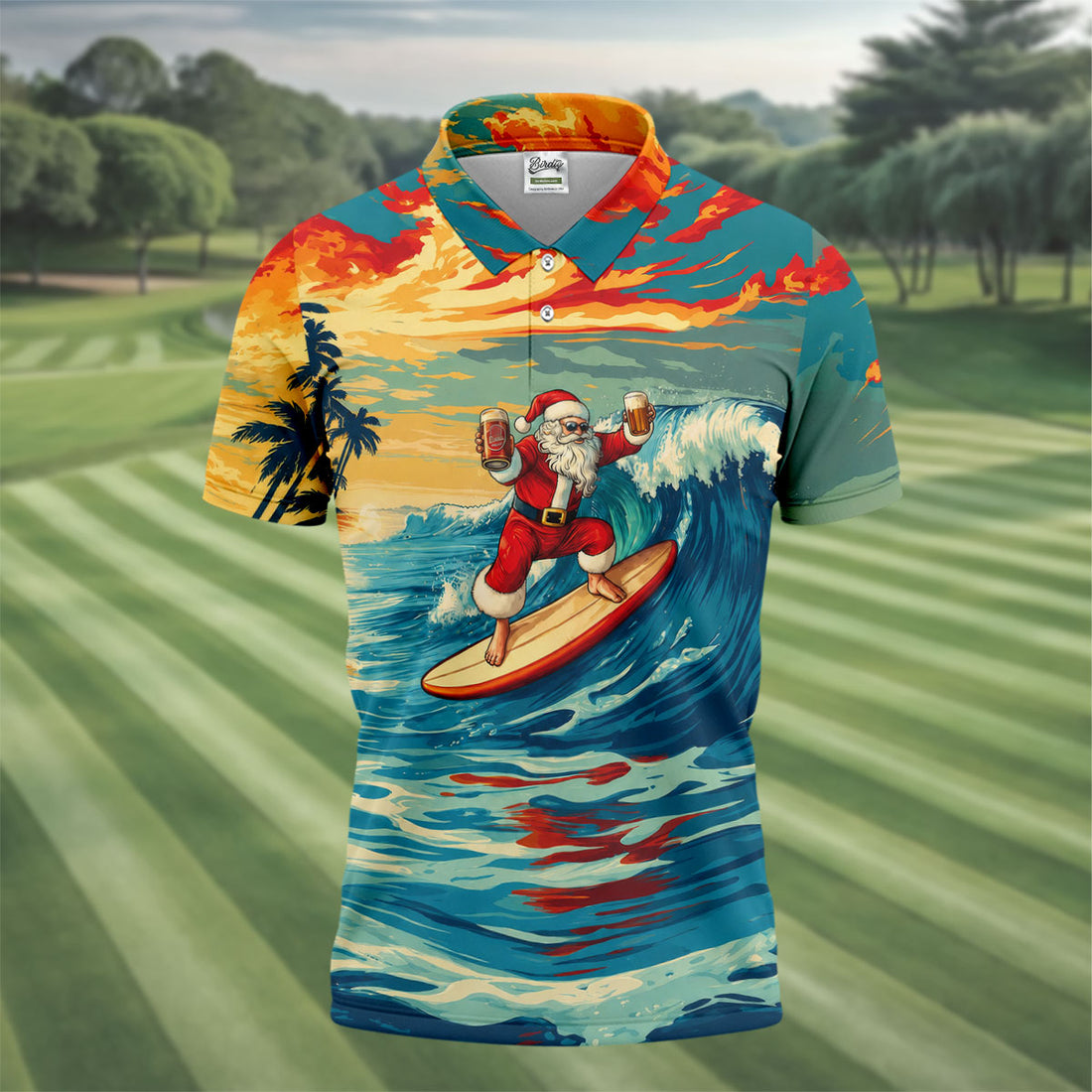 Tropical Surfing Santa Sunset Christmas Golf Shirt, Men's Golf Shirt, Hawaiian Golf Shirt