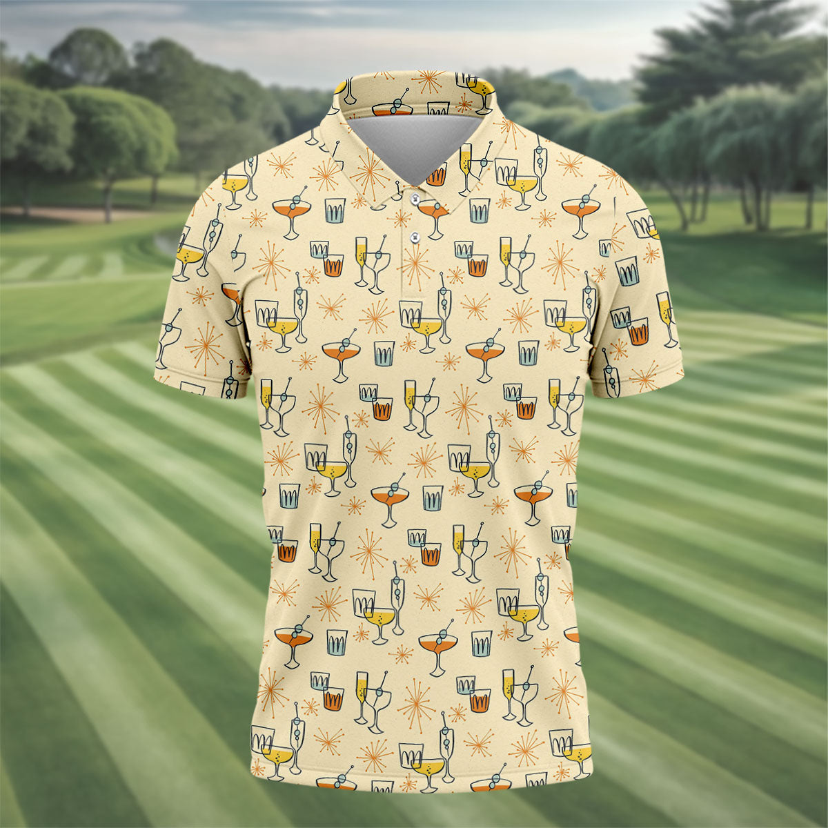 Retro Cocktail Drinks Pattern Golf Polo Shirt, Golf Polo Shirts For Men, Mens Golf Apparel