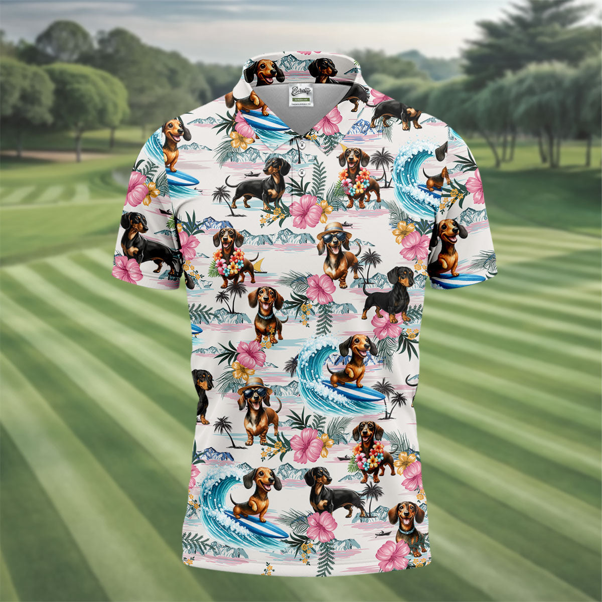 Cartoon Dachshund Tropical Theme Hawaiian Golf Shirt, Men's Golf Shirt, Polo Shirts For Men
