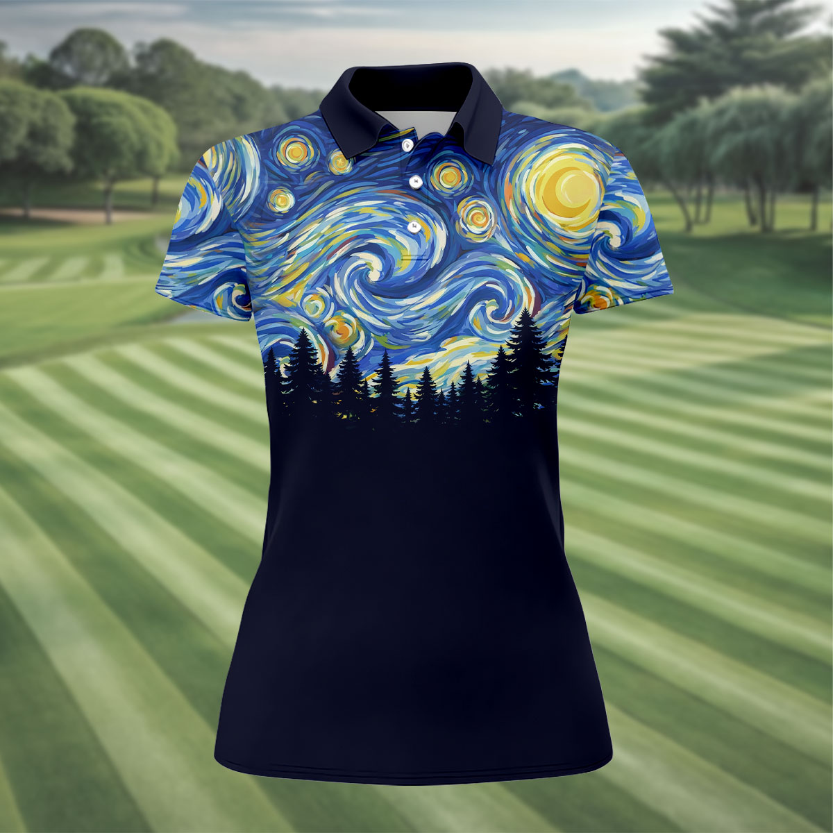 Van Gogh Inspired Starry Night Forest Hawaiian Golf Polo, Golf Tops For Women, Golfing Apparel