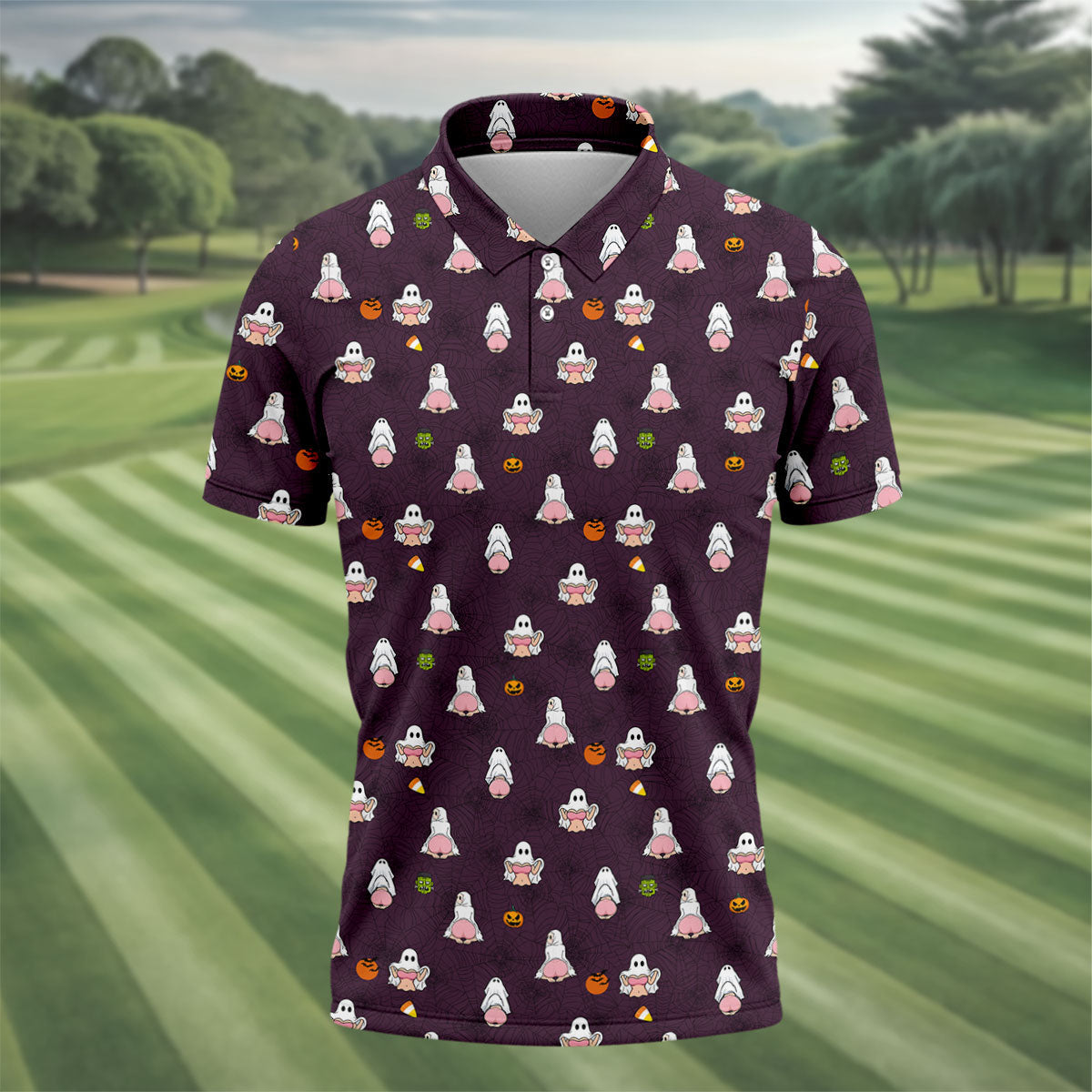 Cute Ghost Butt Halloween Pattern Golf Polo Shirt, Mens Golf Polo, Printed Golf Shirts