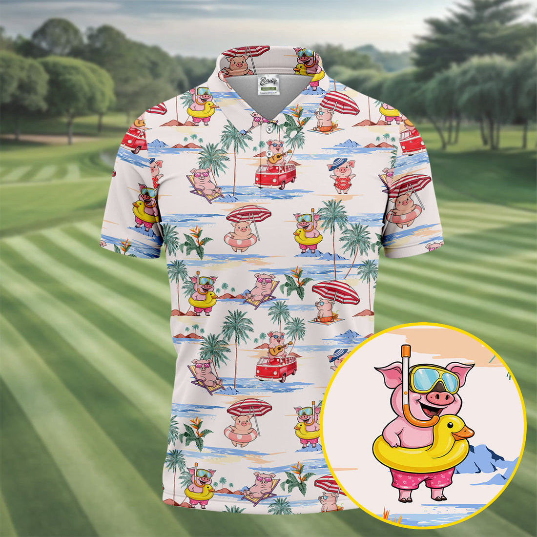 Cute Pig Beach Adventure Hawaiian Golf Polo, Golf Tops For Men, Golfing Apparel