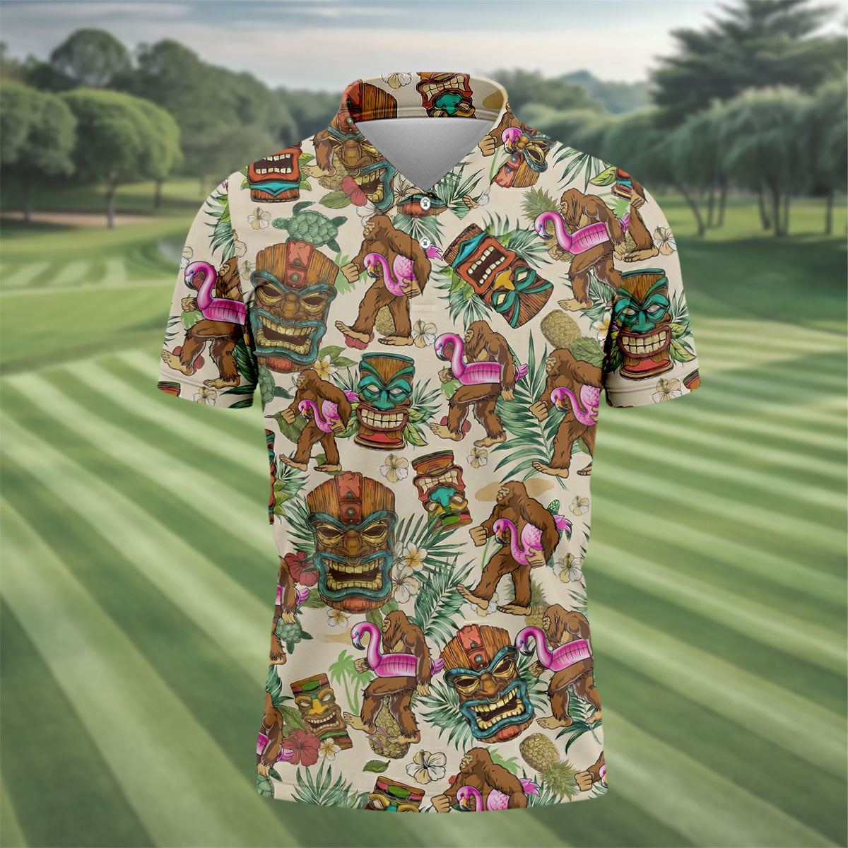 Tropical Bigfoot Adventure with Tiki Totems Design Hawaiian Golf Polo, Golf Tops For Men, Golfing Apparel