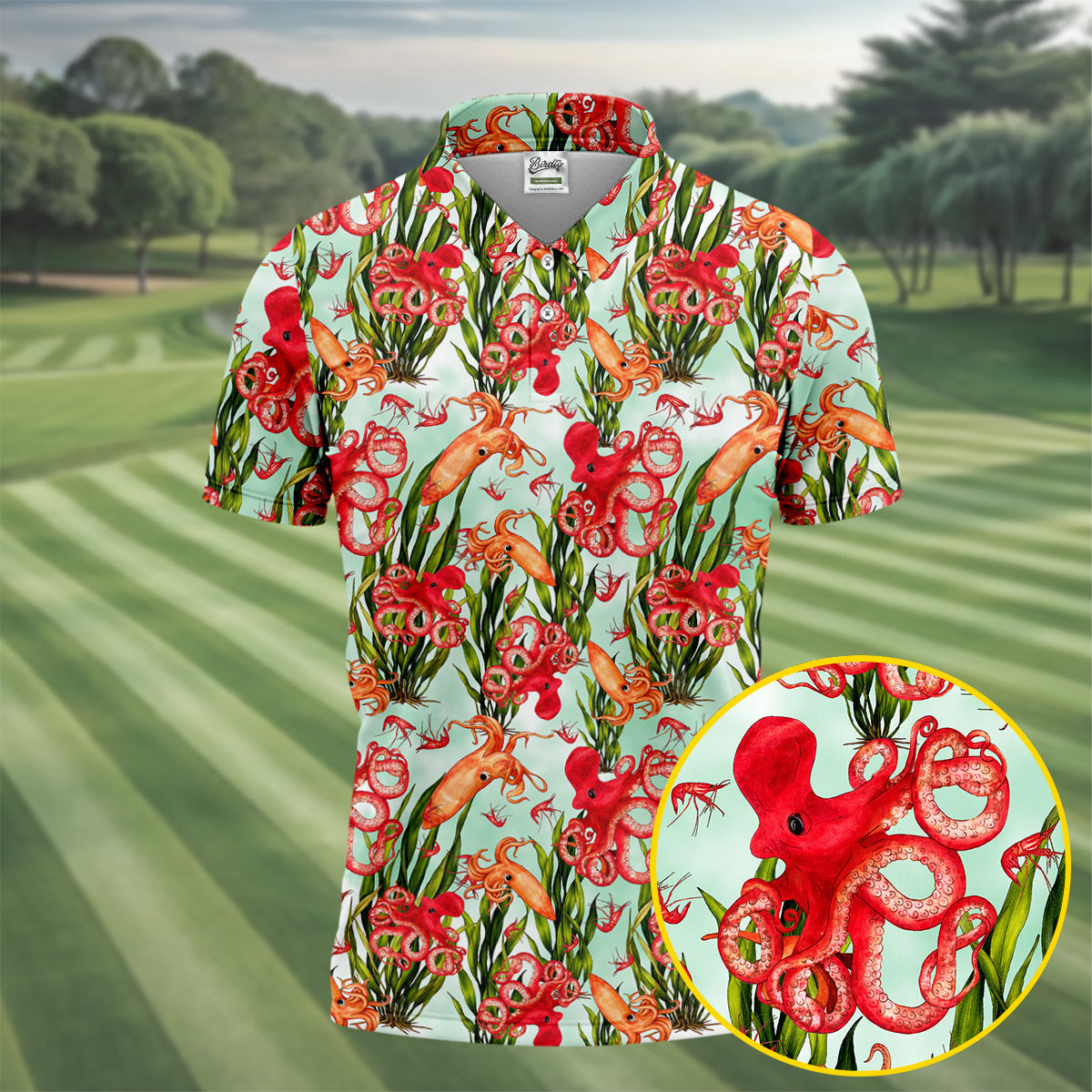 Tropical Cephalopods Among Seaweed  Hawaiian Golf Polo, Golf Tops For Men, Golfing Apparel