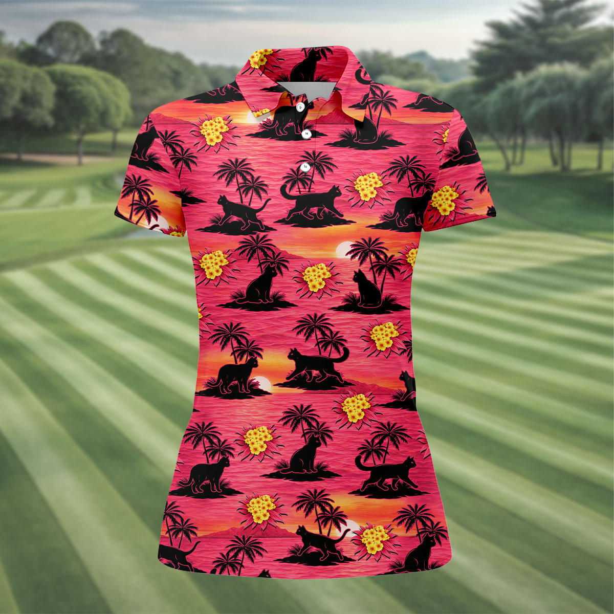 Tropical Cat Sunset Pattern Hawaiian Golf Polo, Golf Tops For Women, Golfing Apparel