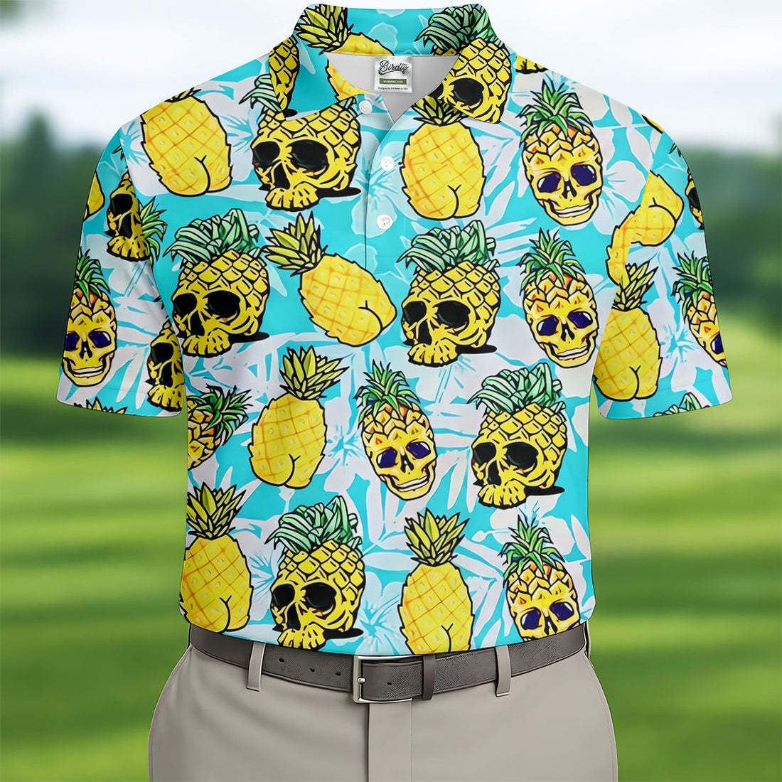 Tropical Pineapple Skull Pattern Golf Shirt, Mens Golf Shirts, Hawaiian Golf Shirt, Golf Apparel For Men