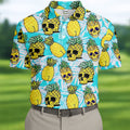 Tropical Pineapple Skull Pattern Golf Shirt, Mens Golf Shirts, Hawaiian Golf Shirt, Golf Apparel For Men