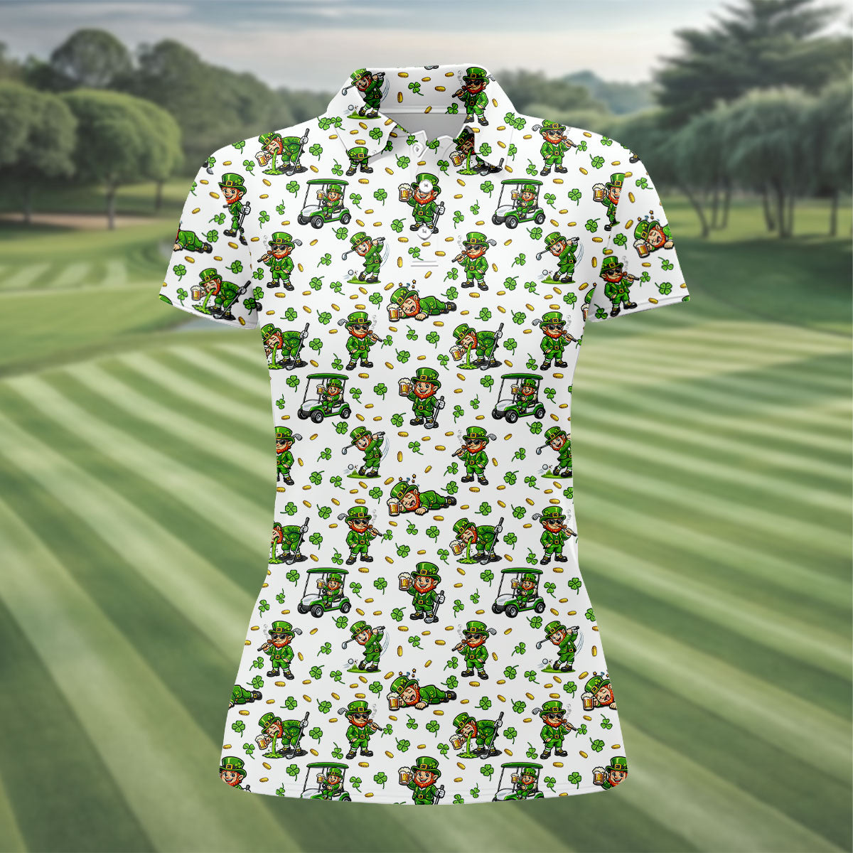 Funny Leprechaun Golf And Beer Green Shamrocks St Patrick's Day Golf Shirt, Women's Golf Shirts, Ladies Golf Polos