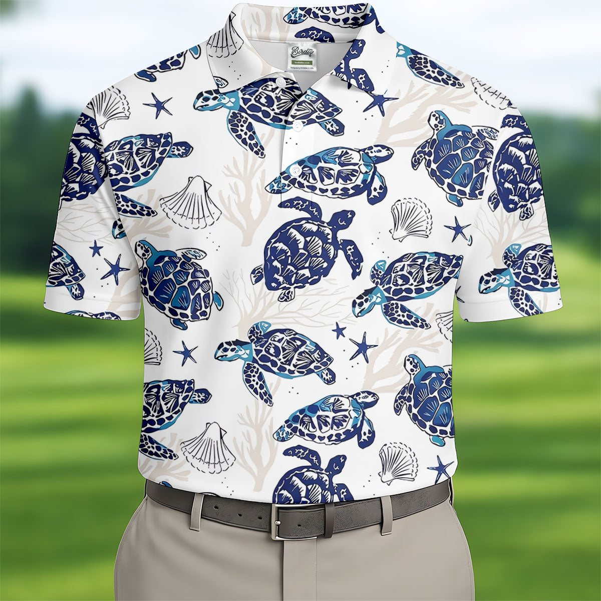 Sea Turtle, Starfish, Seashells and Coral Reef Art Hawaiian Golf Polo, Golf Tops For Men, Golfing Apparel