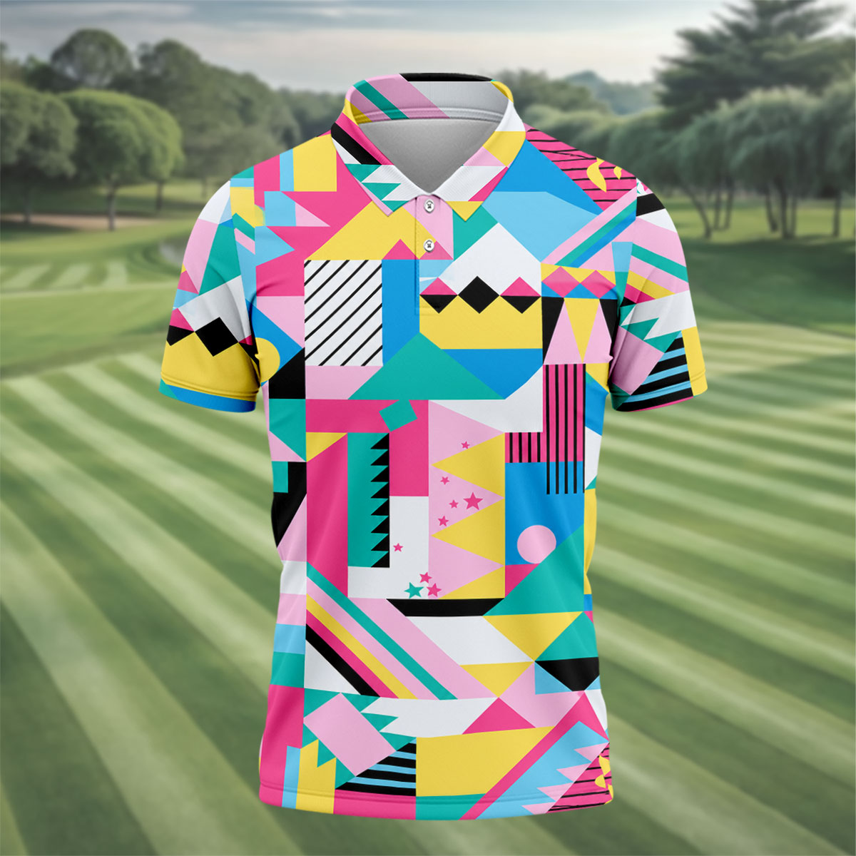 Memphis Pattern Golf Shirt, Retro 80s Geometric Color Block Design, Golf Shirt For Men