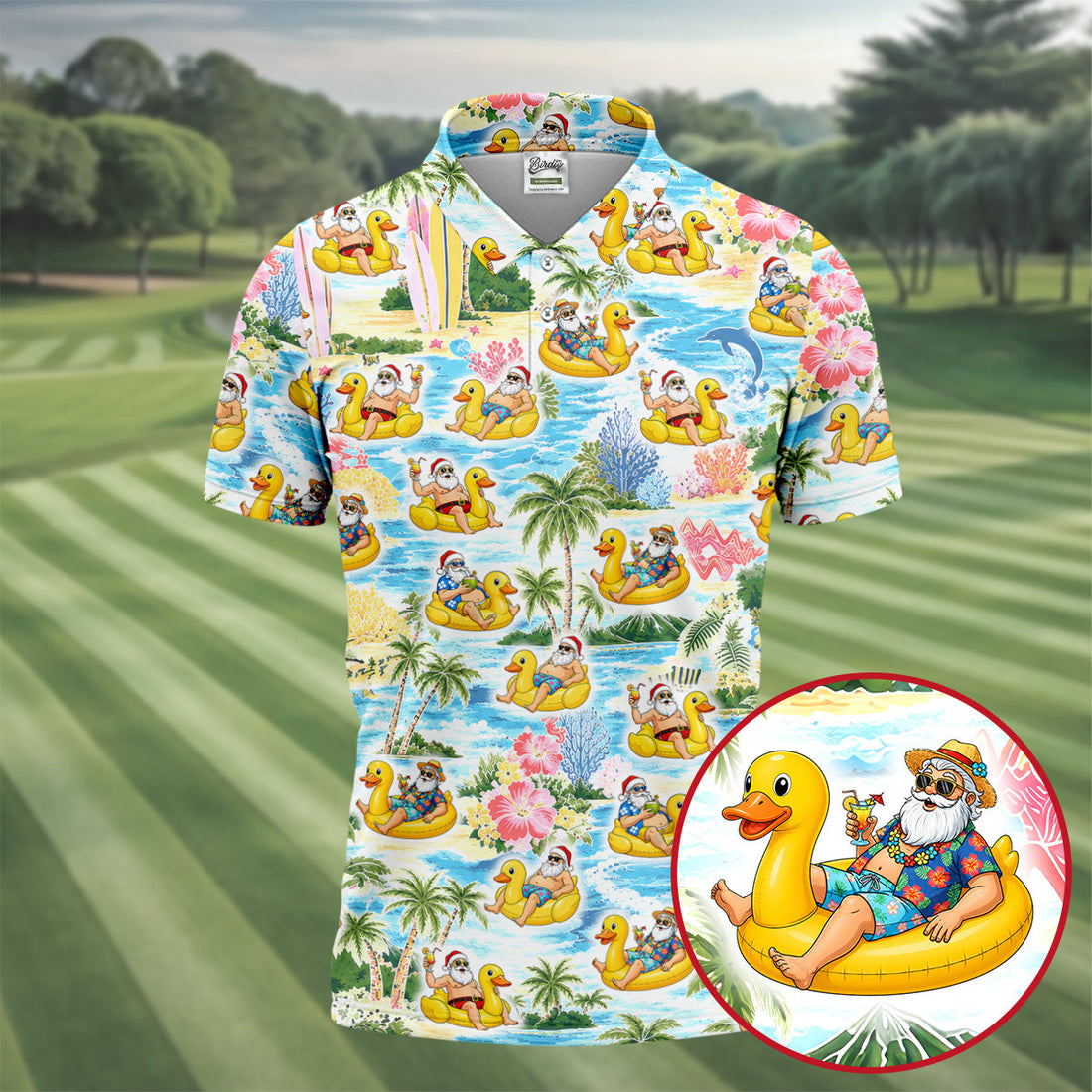 Funny Santa Duck Float Tropical Christmas Polo Shirt, Mens Golf Polo, Hawaiian Golf Shirt