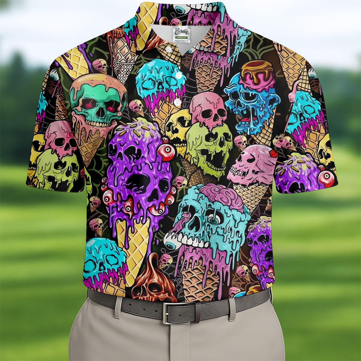 Melting Skull Ice Cream Halloween Golf Shirt, Golf Apparel For Men, Mens Golf Shirts