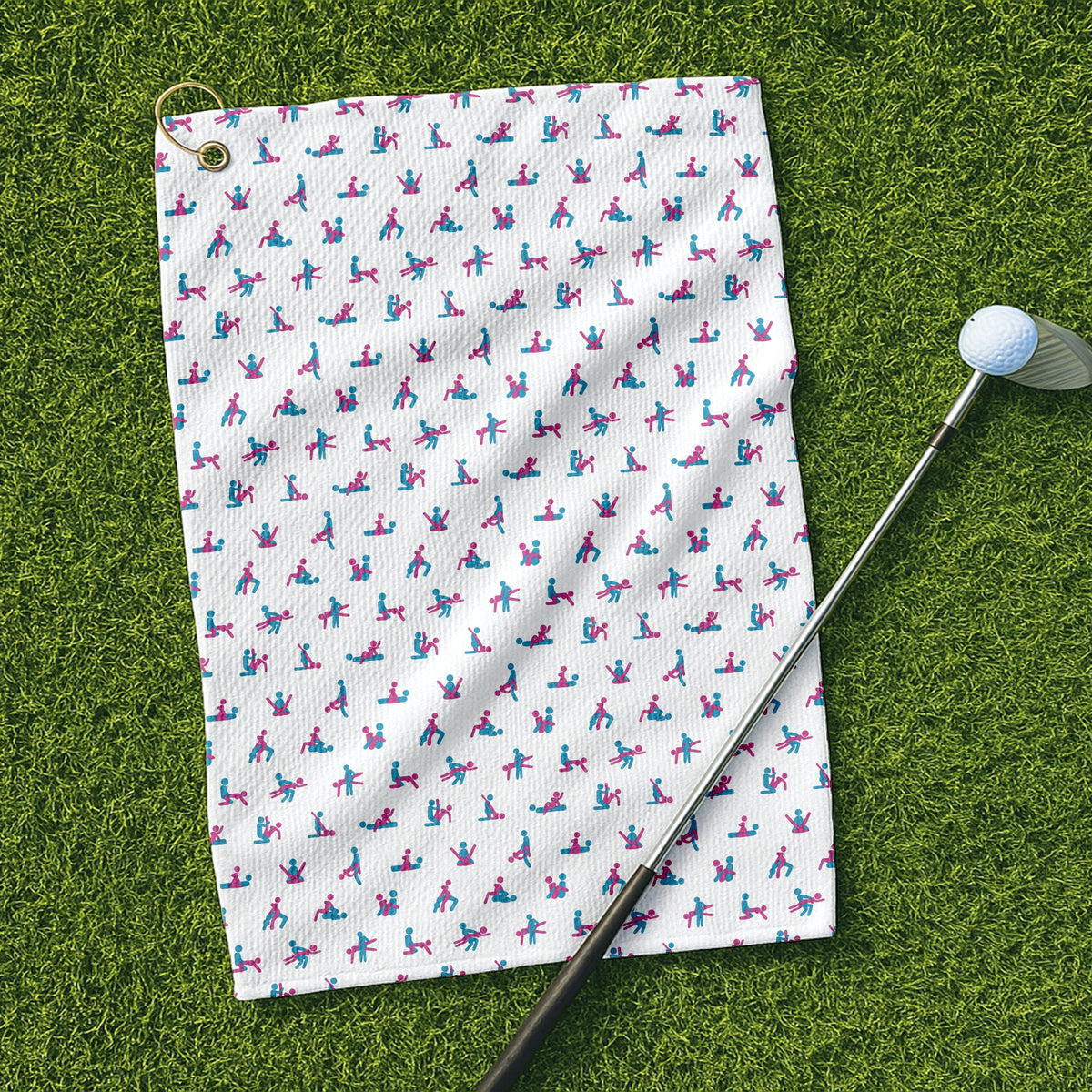 Blue And Pink Naughty Stick People White Golf Towel, Unique Gift For Golfer, Golf Accessories