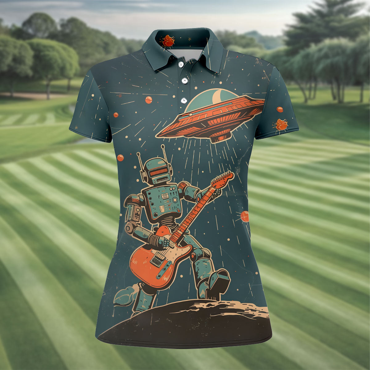 Robot UFO Sleeveless Golf Shirt, Cute Golf Outfit, Women's Golf Shirt, Golf Polo For Women