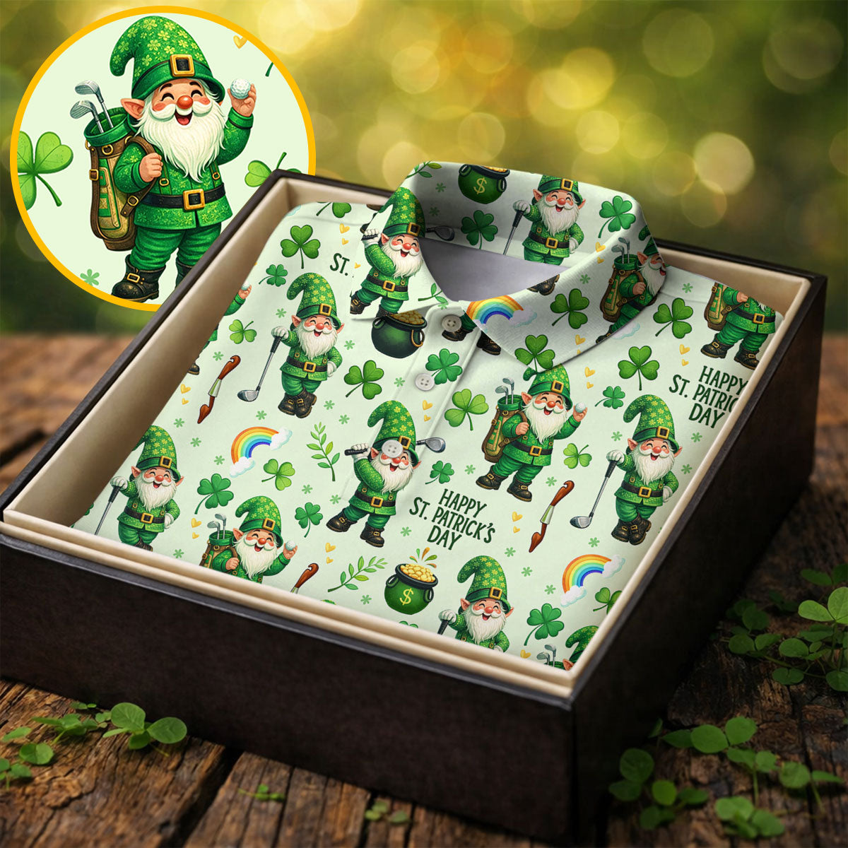 Happy St Patrick's Day Gnomes Shamrock Golf Shirt, Men's Funny Golf Shirts, Golf Shirts For Men