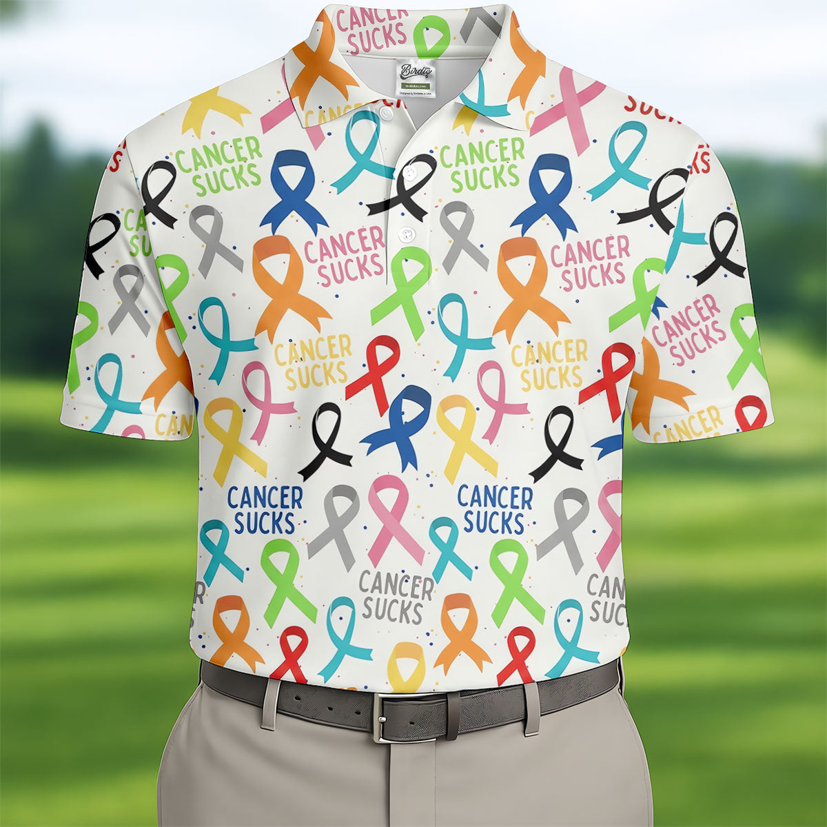 Cancer Sucks Multicolor Awareness Ribbon Polo Shirt, Mens Golf Polo, Printed Golf Shirts