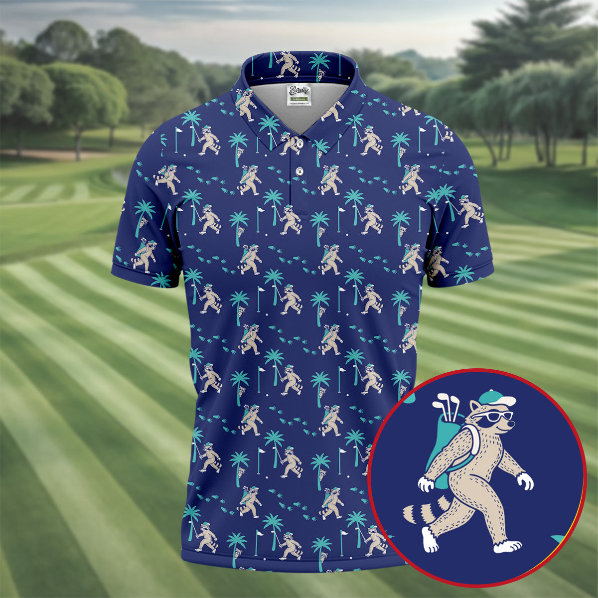 Funny Raccoon Tropical Golf Pattern Polo Shirt, Men's Golf Shirt, Golf Apparel For Men