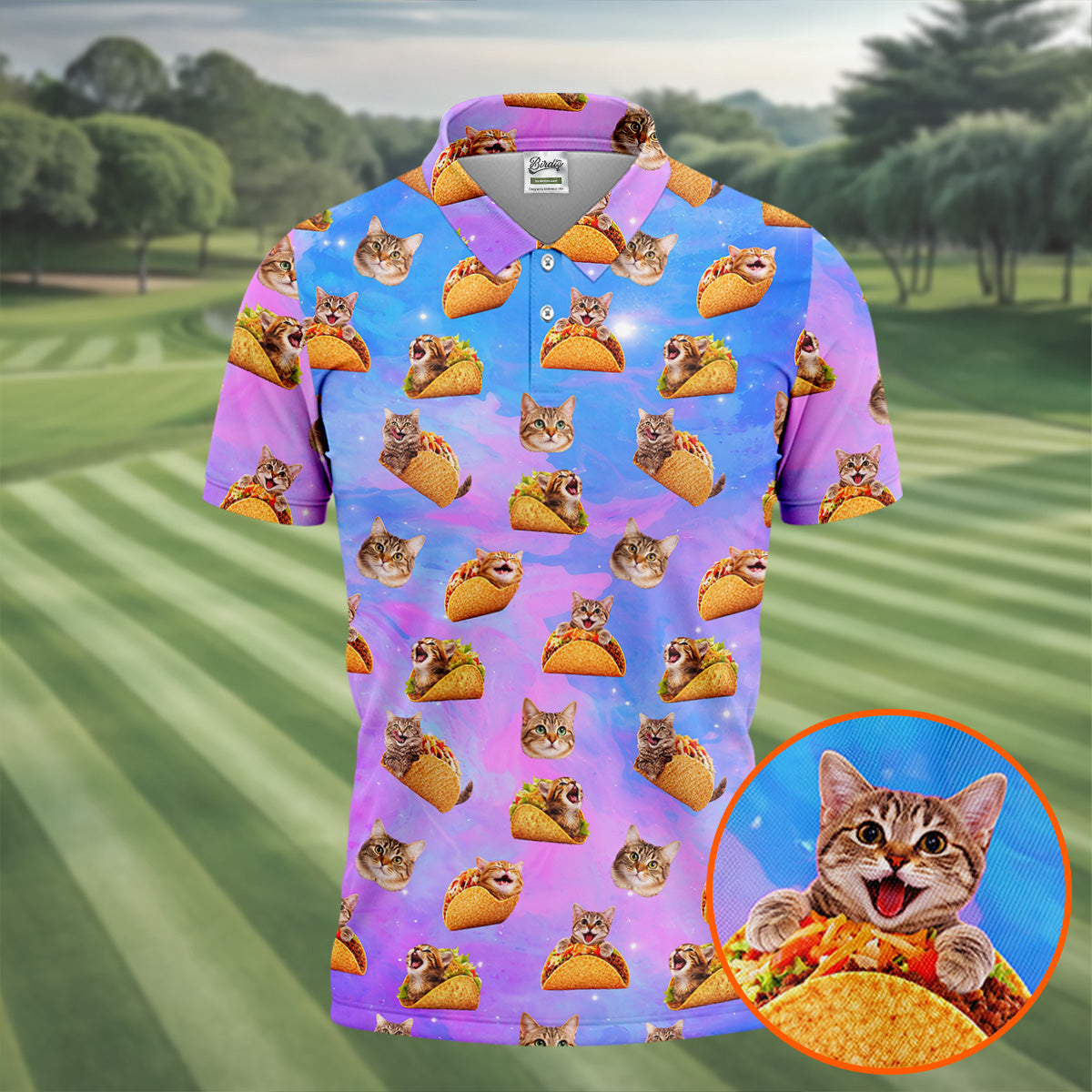 Funny Taco Cat Galaxy Pattern Golf Shirt, Mens Golf Apparel, Polo Shirts For Men