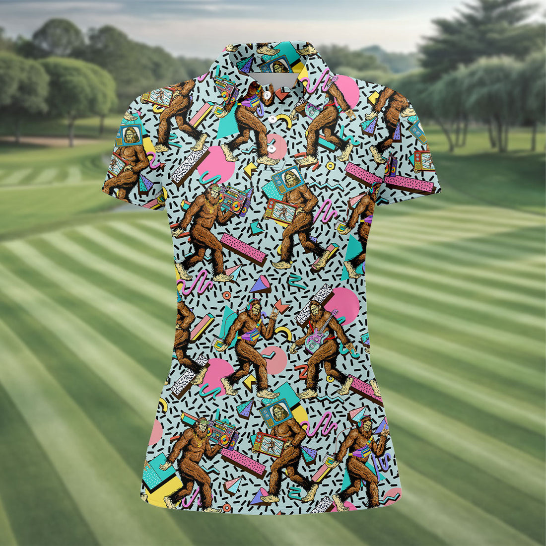 Bigfoot Pop Culture Pattern with Retro TV Sets Design Hawaiian Golf Polo, Golf Tops For Women, Golfing Apparel