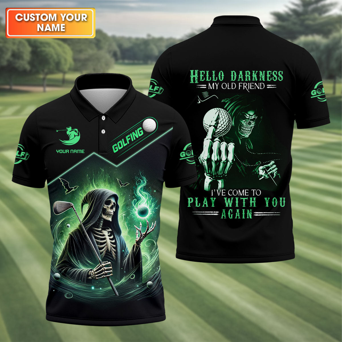 Hello Darkness Custom Men's Golf Polo Shirt, Funny Skull Golf Shirt, Dad Golf Gift