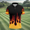 Black Red Yellow Flame Sleeve Golf Shirt, Hawaiian Golf Shirt, Mens Golf Shirts