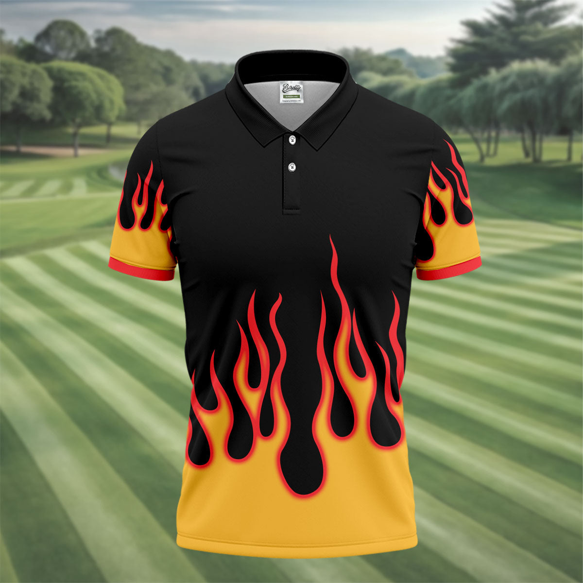 Black Red Yellow Flame Sleeve Golf Shirt, Hawaiian Golf Shirt, Mens Golf Shirts