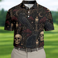 Gothic Raven Black Cat Skull Halloween Polo Shirt, Golf Shirts For Men, Mens Golf Apparel